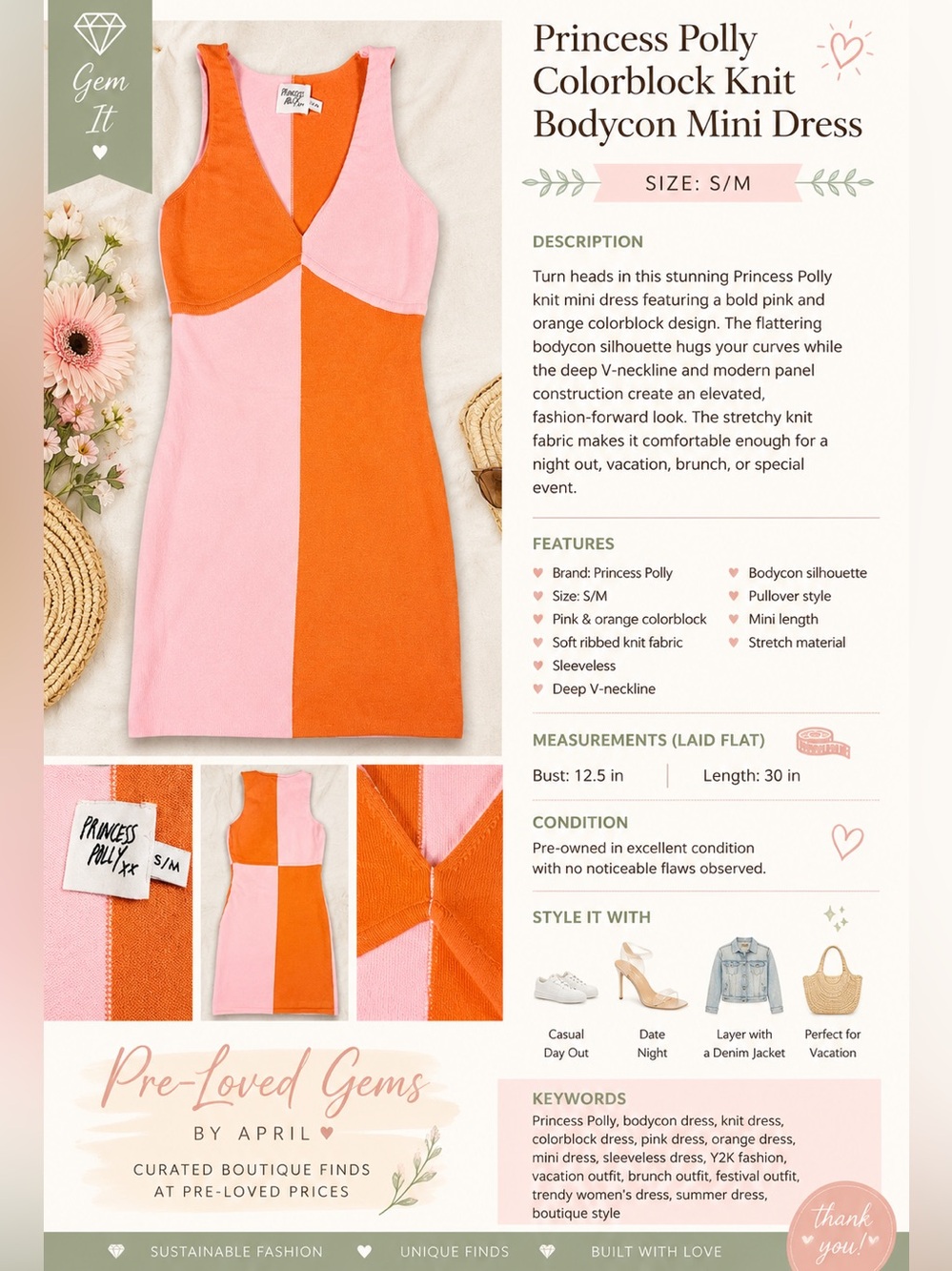 Princess Polly Sienna Colorblock Knit Mini Dress Pink Orange Size S/M